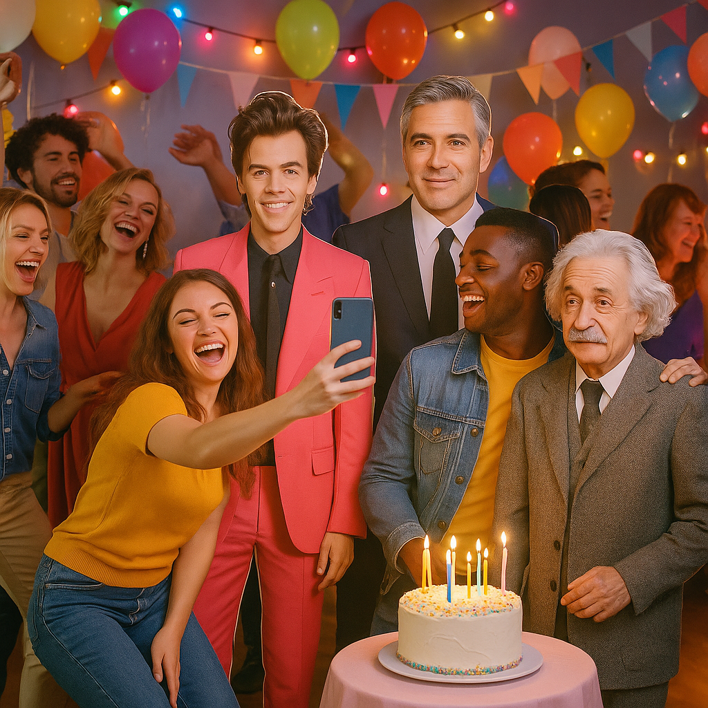 Group of friends taking a selfie at a colourful birthday party with balloons and cake