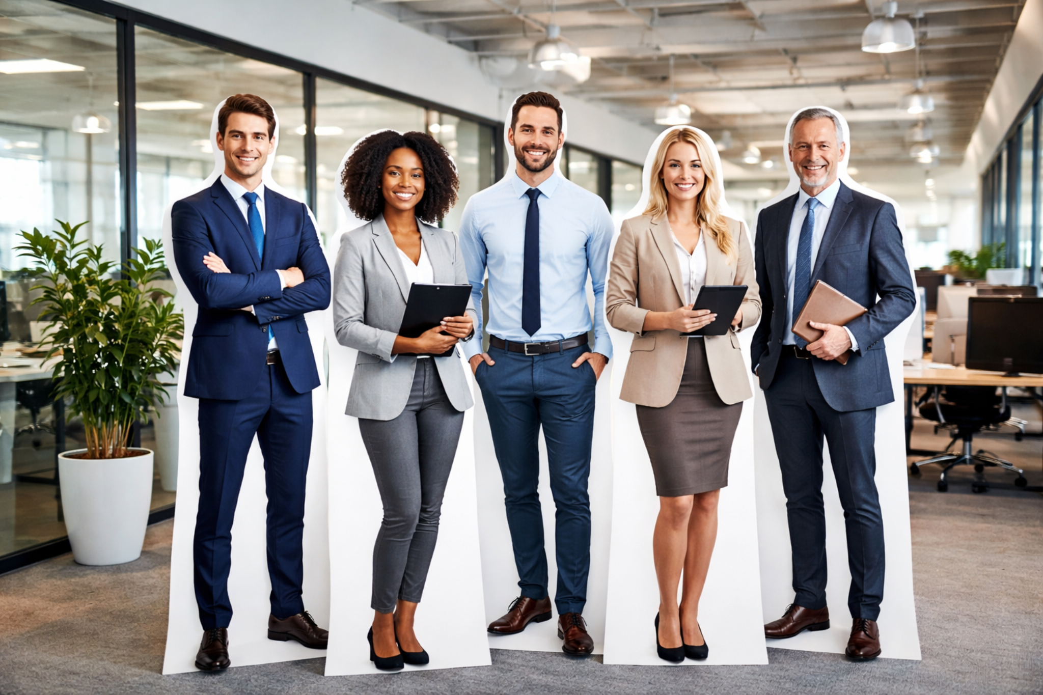 Professional business team cutout displays in modern office setting