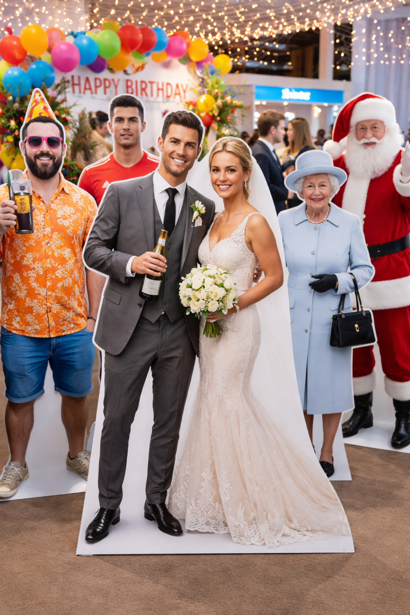 Cardboard cutouts of wedding couple and party characters at birthday celebration with balloons and lights