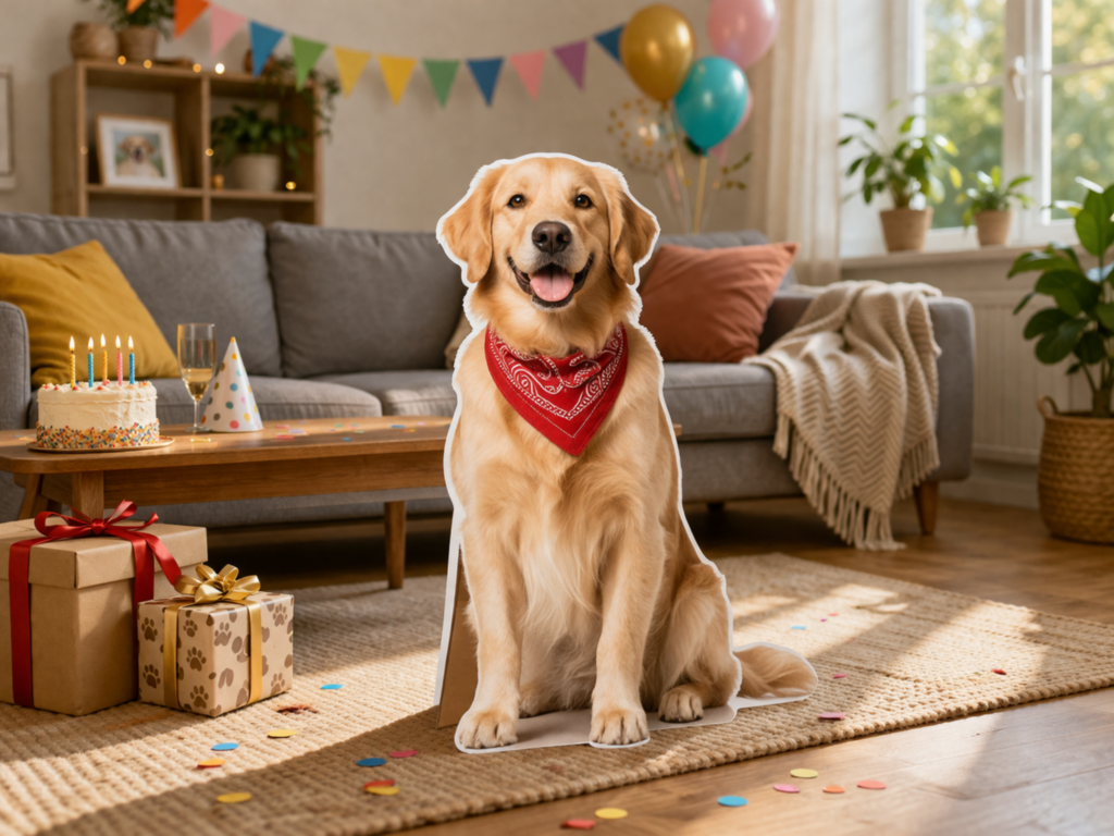 Golden retriever cutout at home birthday party with cake and decorations