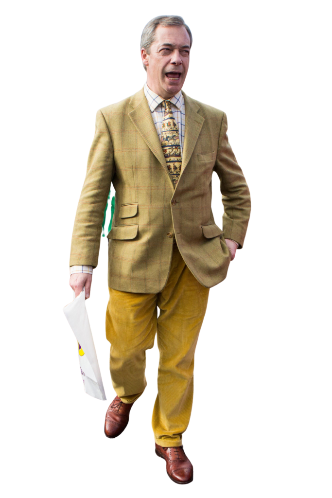 Man in a mustard suit and patterned tie walking while holding a shopping bag, cut-out image on transparent background
