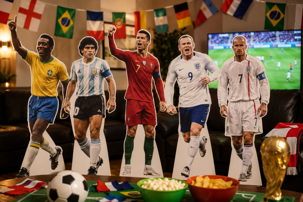 Football player cutouts with international flags and party decorations