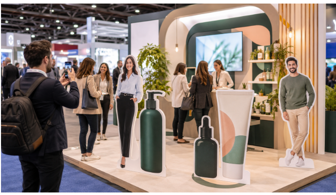 Exhibition stand with branded product displays and visitors at a trade show